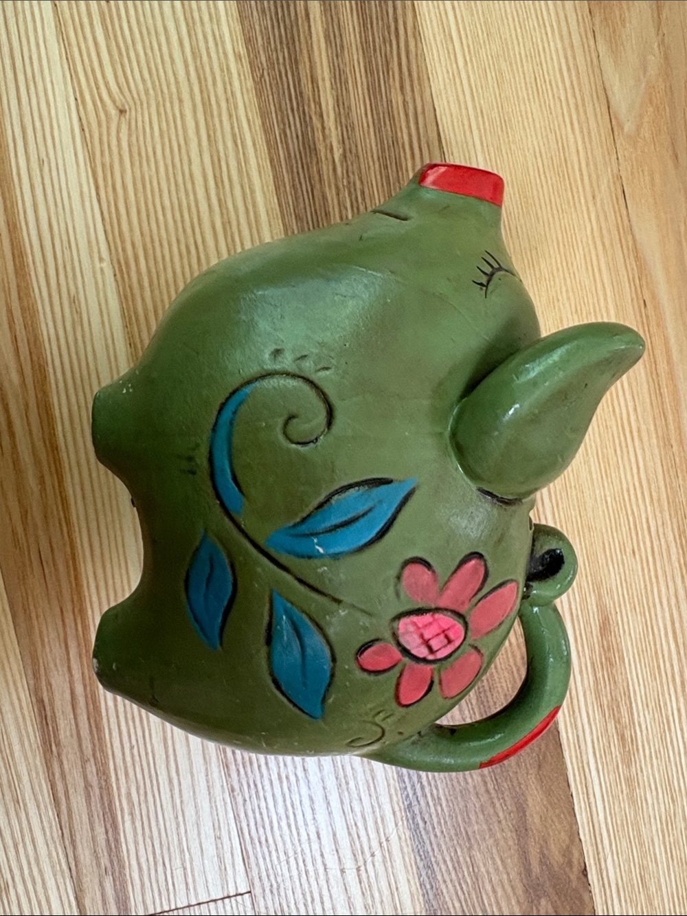 Vintage 1970s Groovy Green Floral Ceramic Piggy Bank Hand Painted Pink Daisies - Picture 5 of 9
